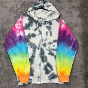 Gildan Heavy Blend Tie Dye Zip Up Hoodie Sweatshirt Size M Unisex Rainbow Black